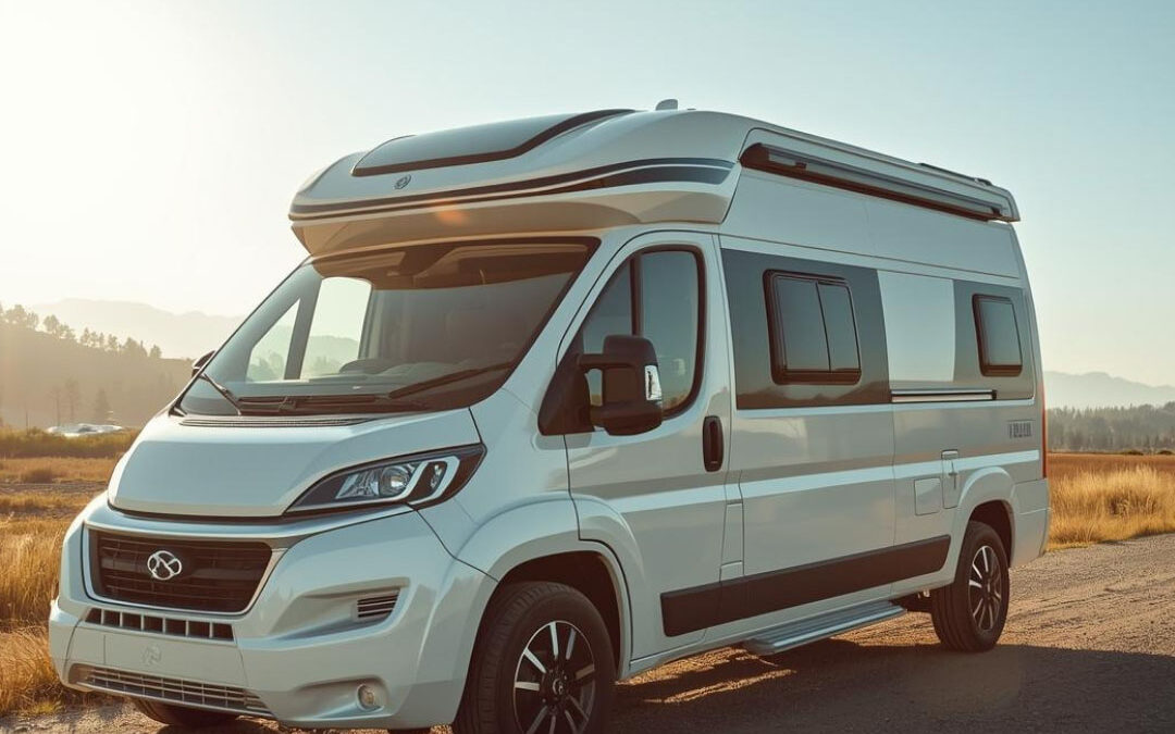 A modern white camper van parked on a dirt road alongside a golden field, illuminated by the warm glow of the setting sun with distant mountains in the background - www.columbusnebraskainsuranceagent.com